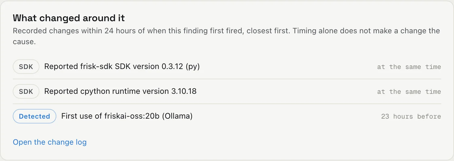 What changed around a finding: the SDK version and Python runtime reported at the same time it started, and the first use of a new model 23 hours before