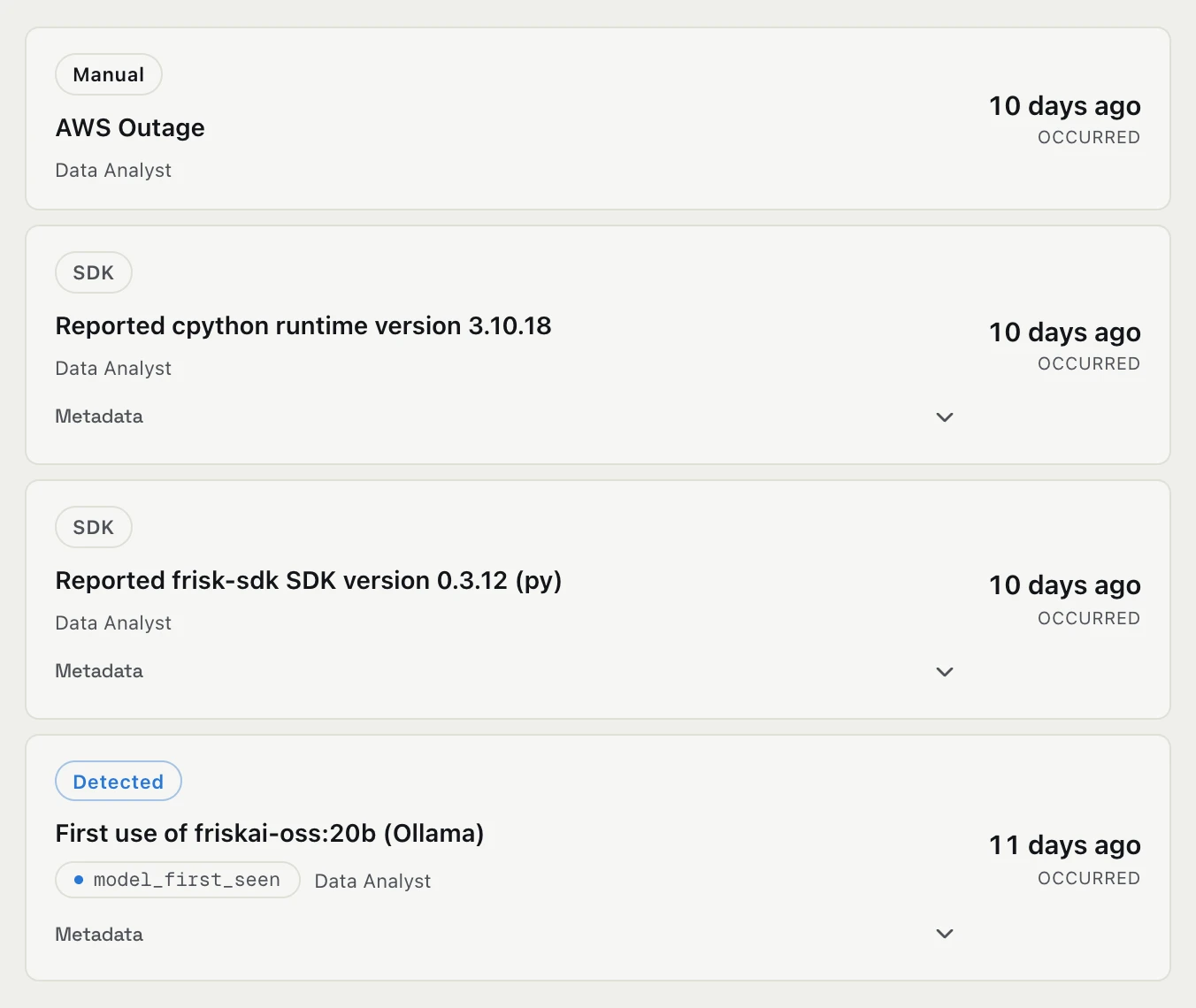 The change log for the Data Analyst agent: a manually logged AWS outage, the Python runtime and SDK versions it reported, and the detected first use of a new model