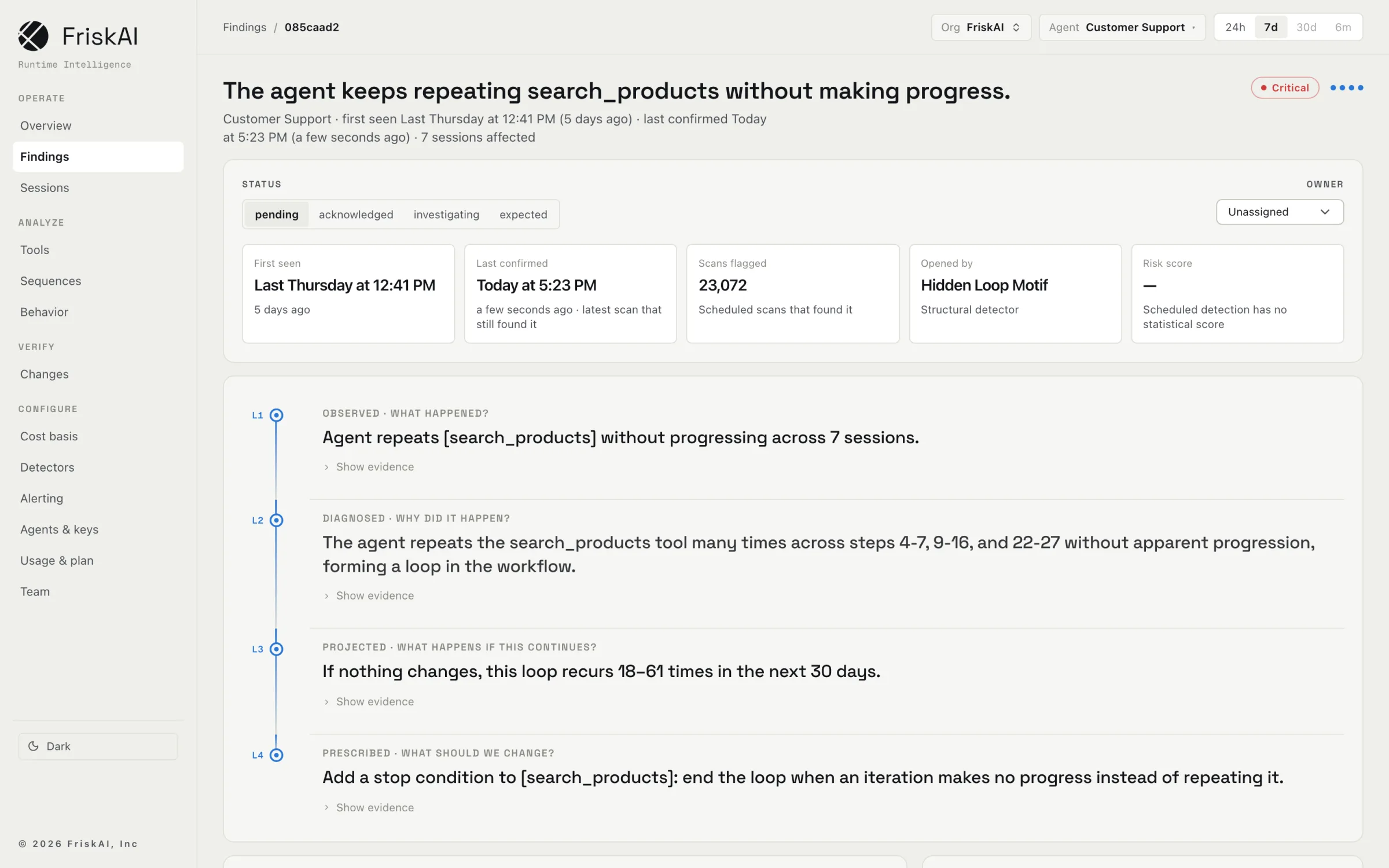 A critical FriskAI finding for the Customer Support agent: it keeps repeating search_products without making progress, with its status, how it was found and the four layers from what happened to what to change