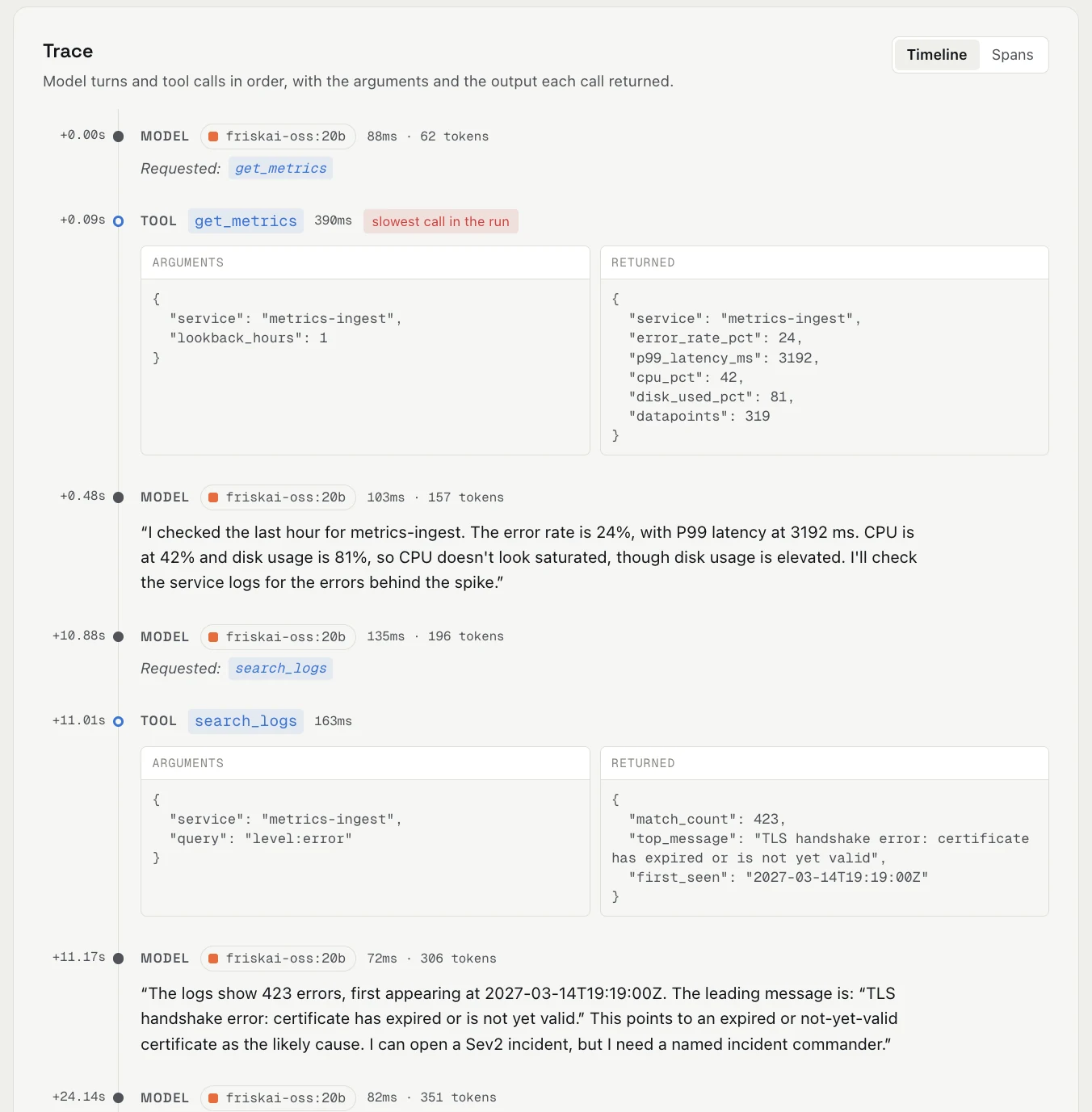 A session trace: get_metrics, then search_logs, which returned an expired TLS certificate error